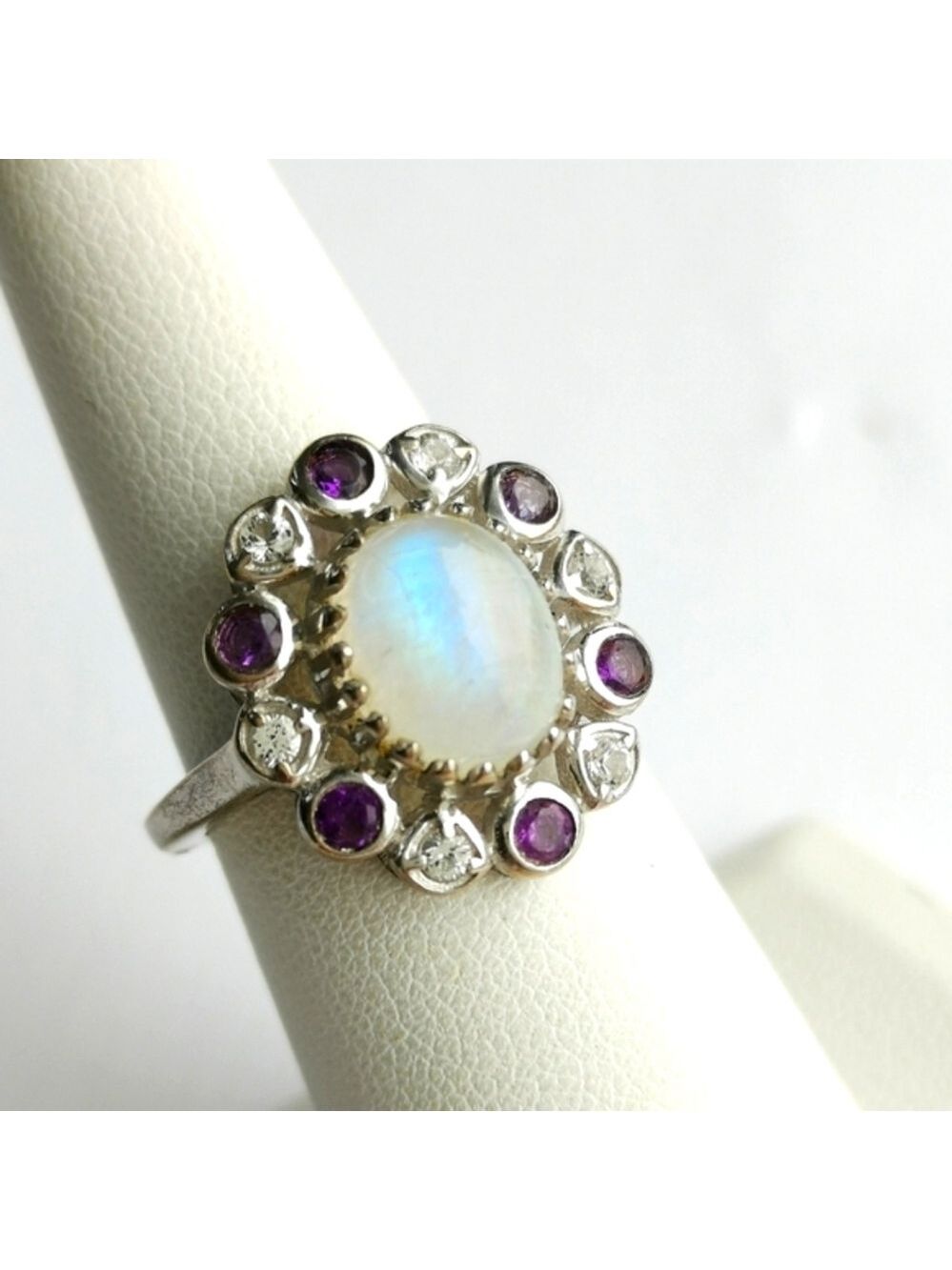 Vintage Moonstone Amethyst Zircon ring sterling silver Size 7.5